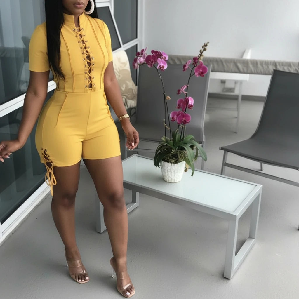 Solid Bandage Short Sleeve Rompers