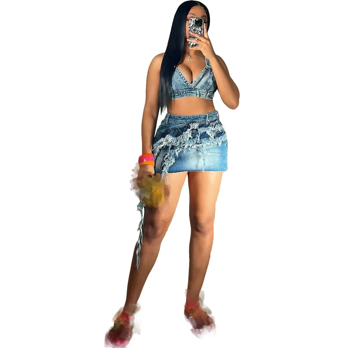 Denim Tank Top and High Waist Skirt