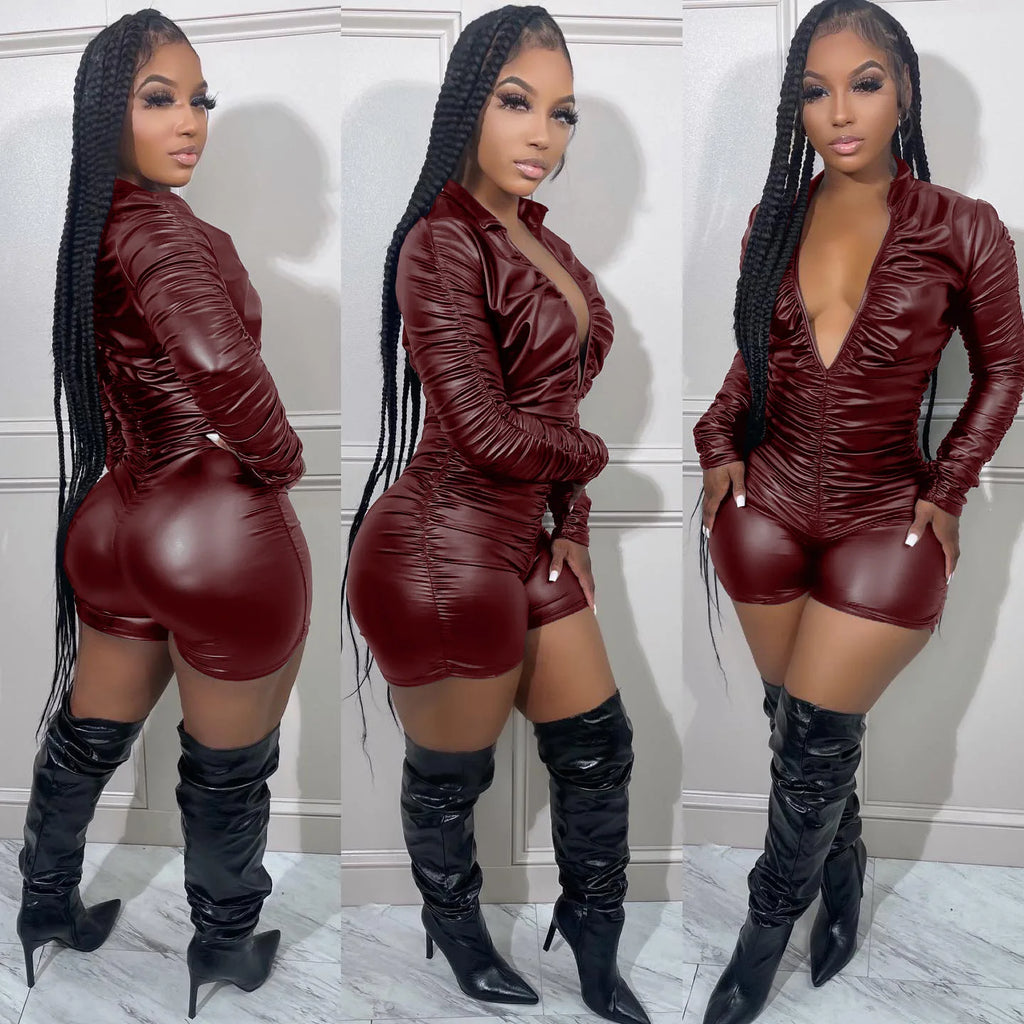 Wrinkled High Elastic Leather Jumpsuit