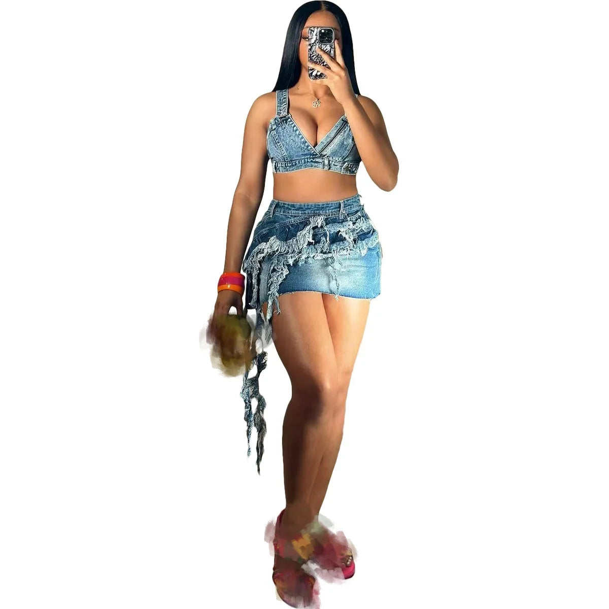Denim Tank Top and High Waist Skirt