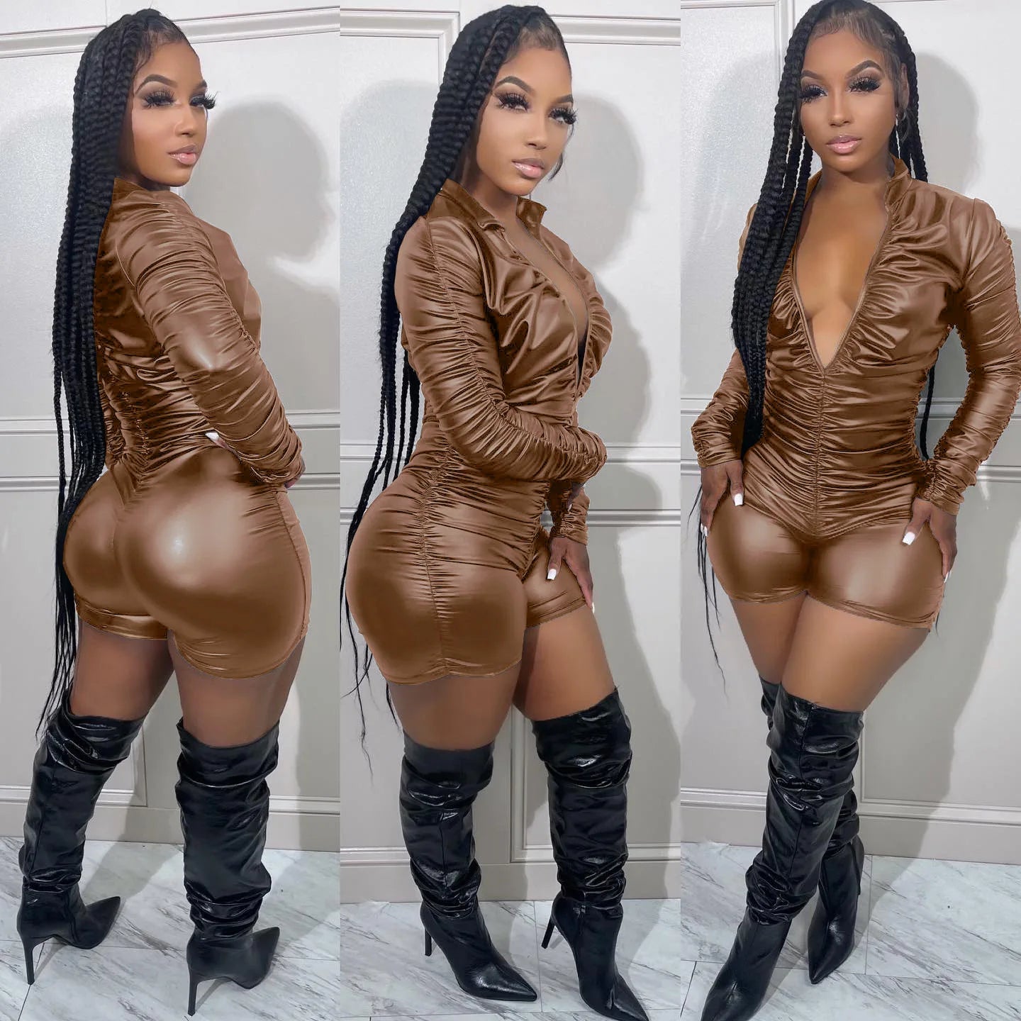 Wrinkled High Elastic Leather Jumpsuit