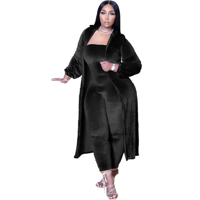 Casual Two Piece Set Velvet Jumpsuit With Long Coat