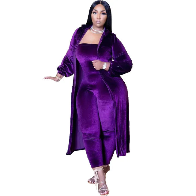 Casual Two Piece Set Velvet Jumpsuit With Long Coat