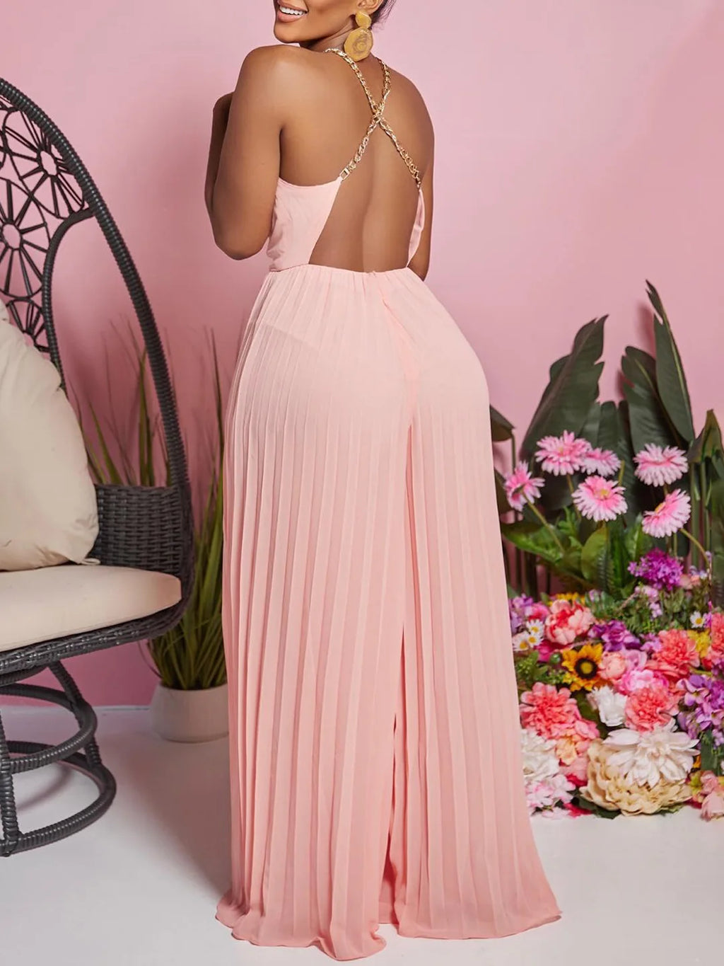 Backless Pleated Wide Leg Jumpsuit