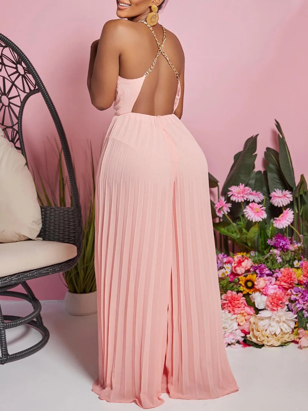 Backless Pleated Wide Leg Jumpsuit