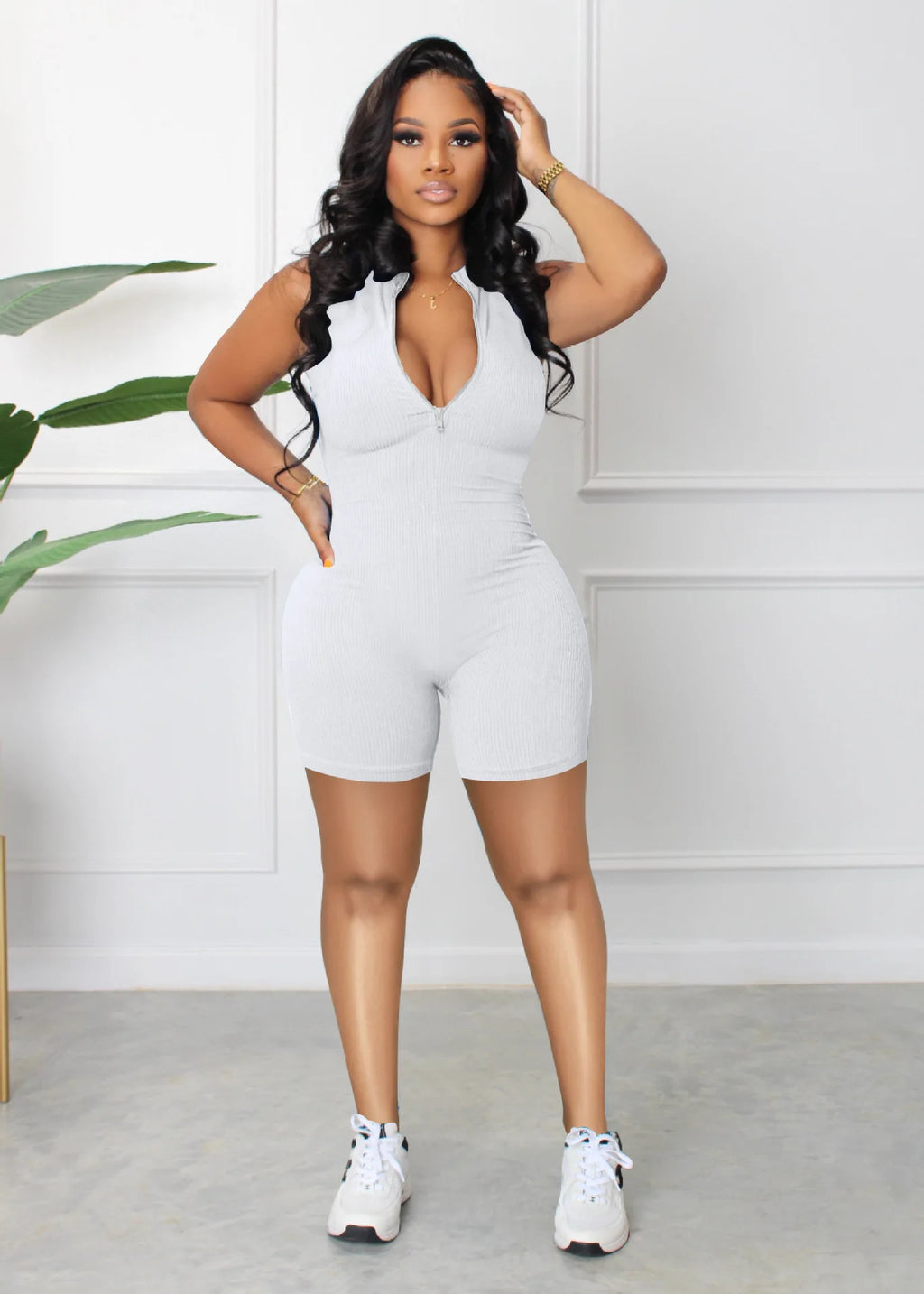 Ribbed Zipper V Neck Rompers