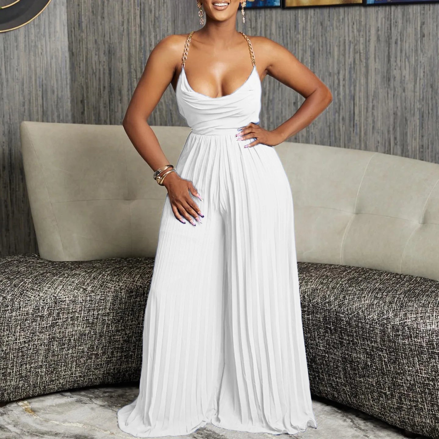 Backless Pleated Wide Leg Jumpsuit