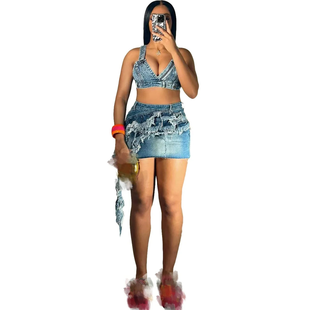 Denim Tank Top and High Waist Skirt