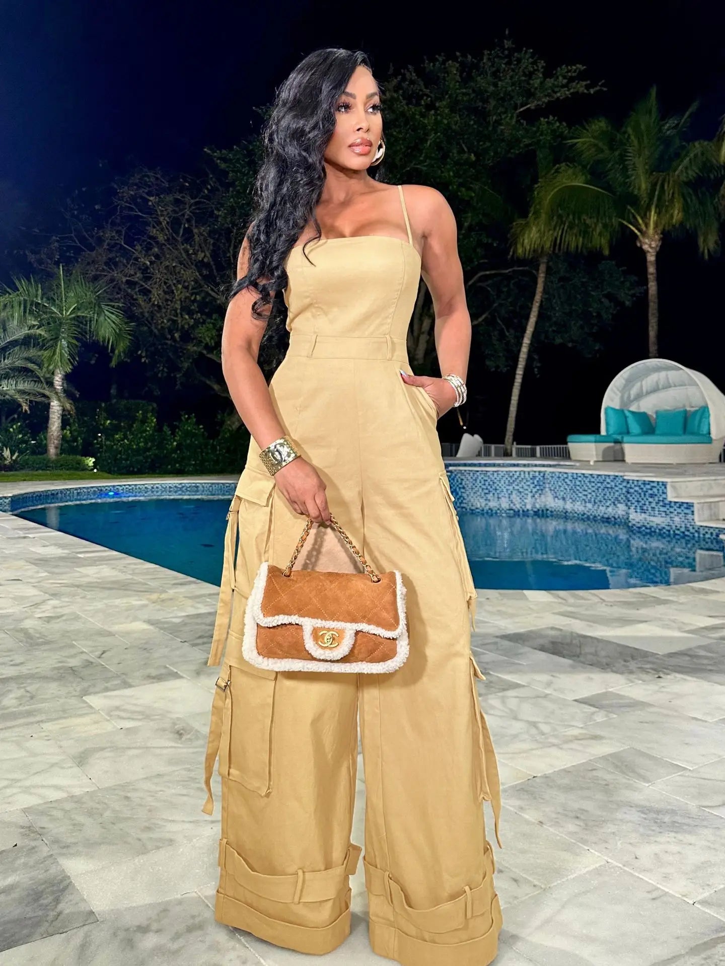 Baggy Wide Leg Multi-Pocket Strap Jumpsuit