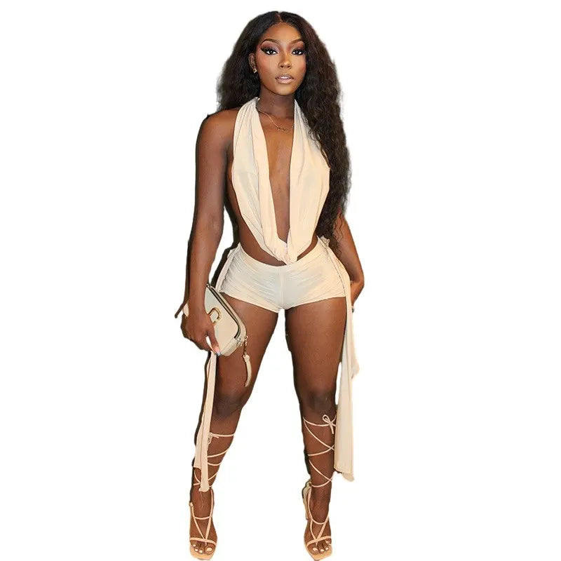 Backless Top Tight Strap Shorts Set