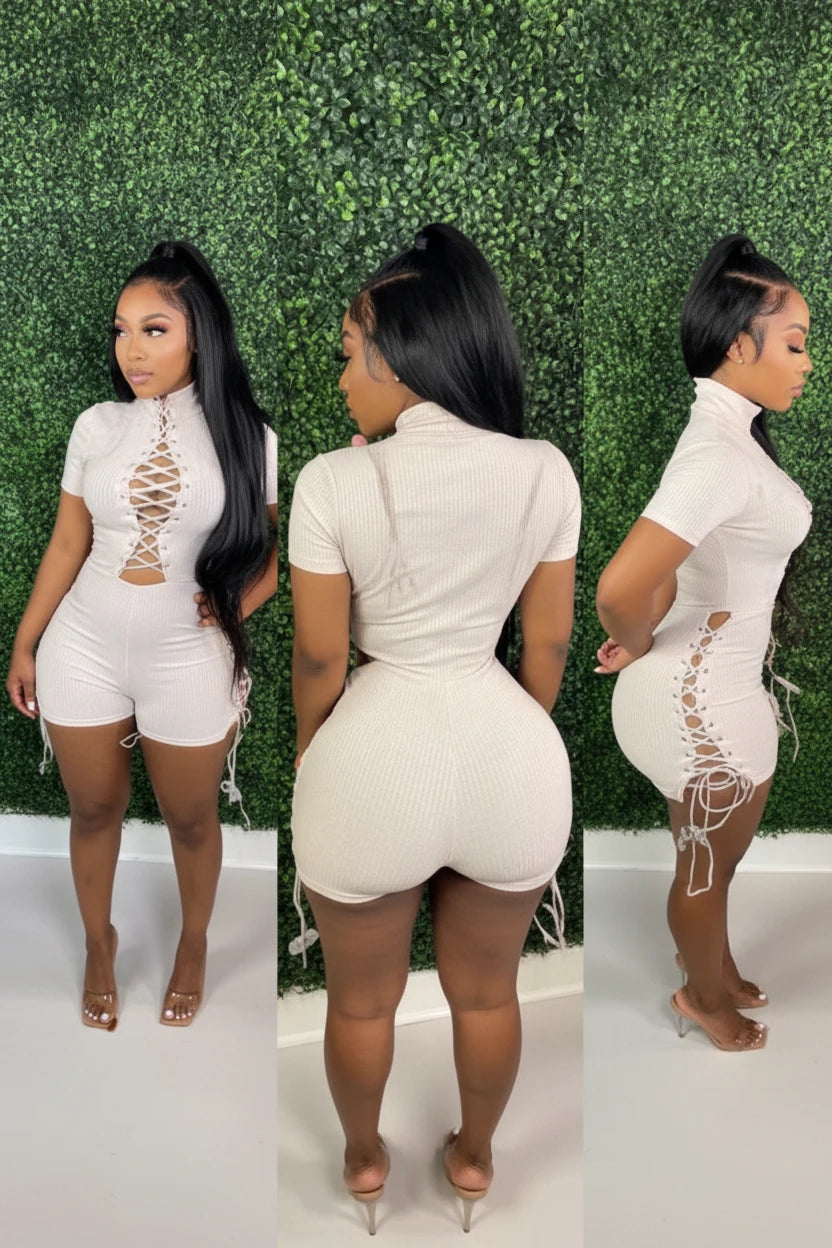 Solid Bandage Short Sleeve Rompers