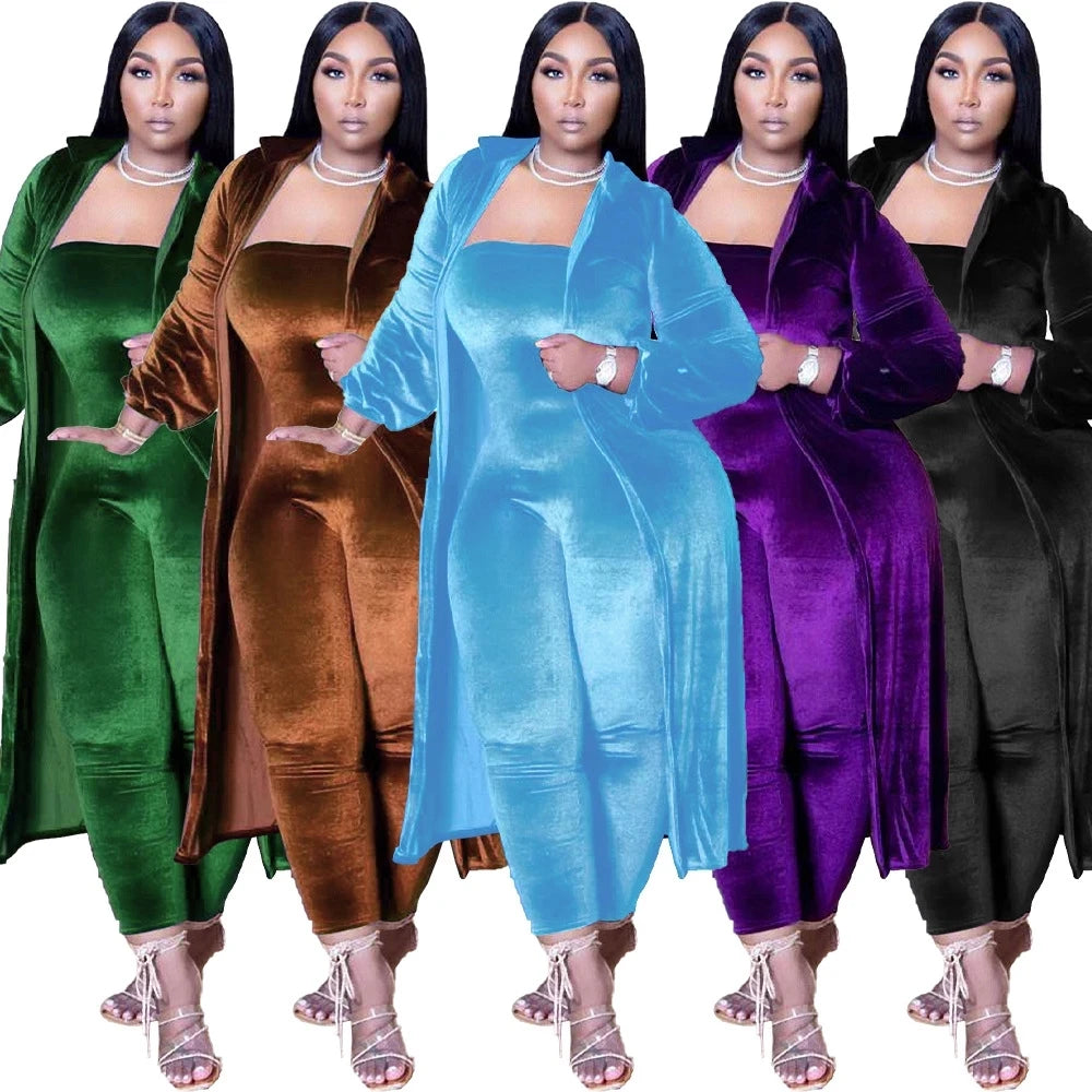 Casual Two Piece Set Velvet Jumpsuit With Long Coat