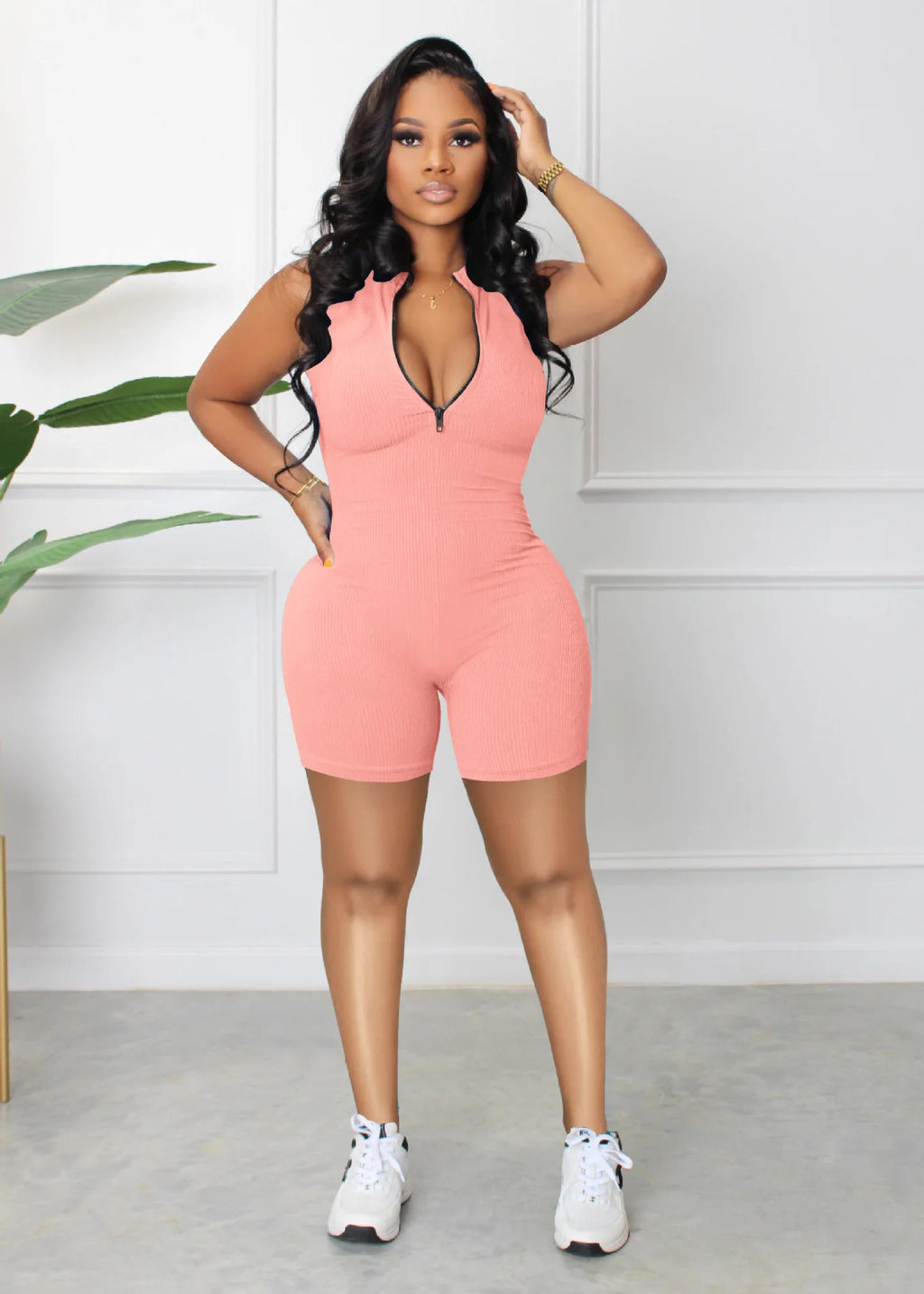 Ribbed Zipper V Neck Rompers