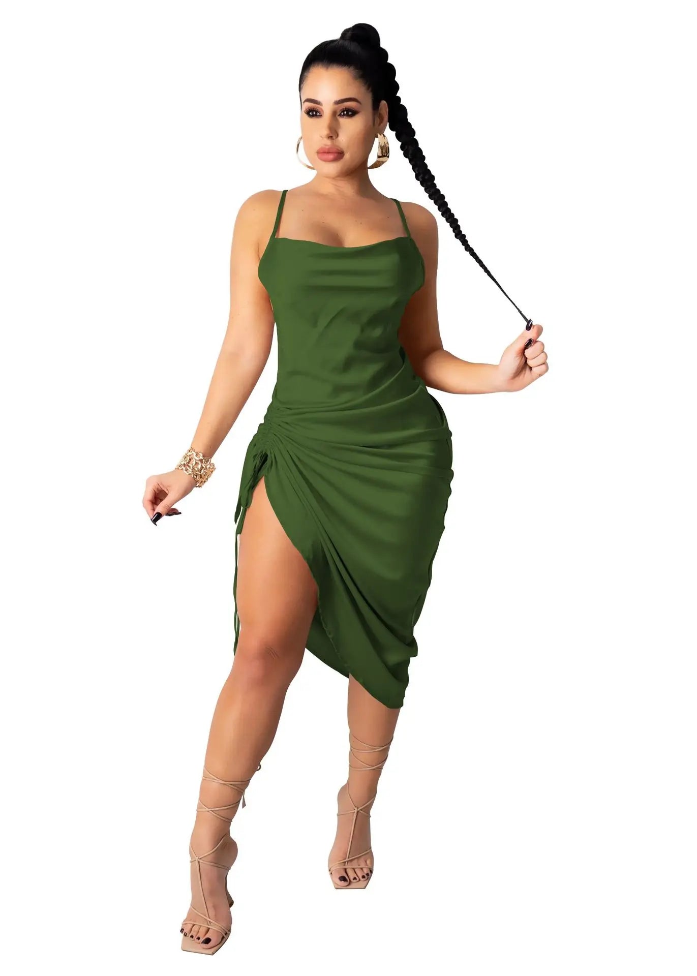 Drawstring Sleeveless Midi Dress