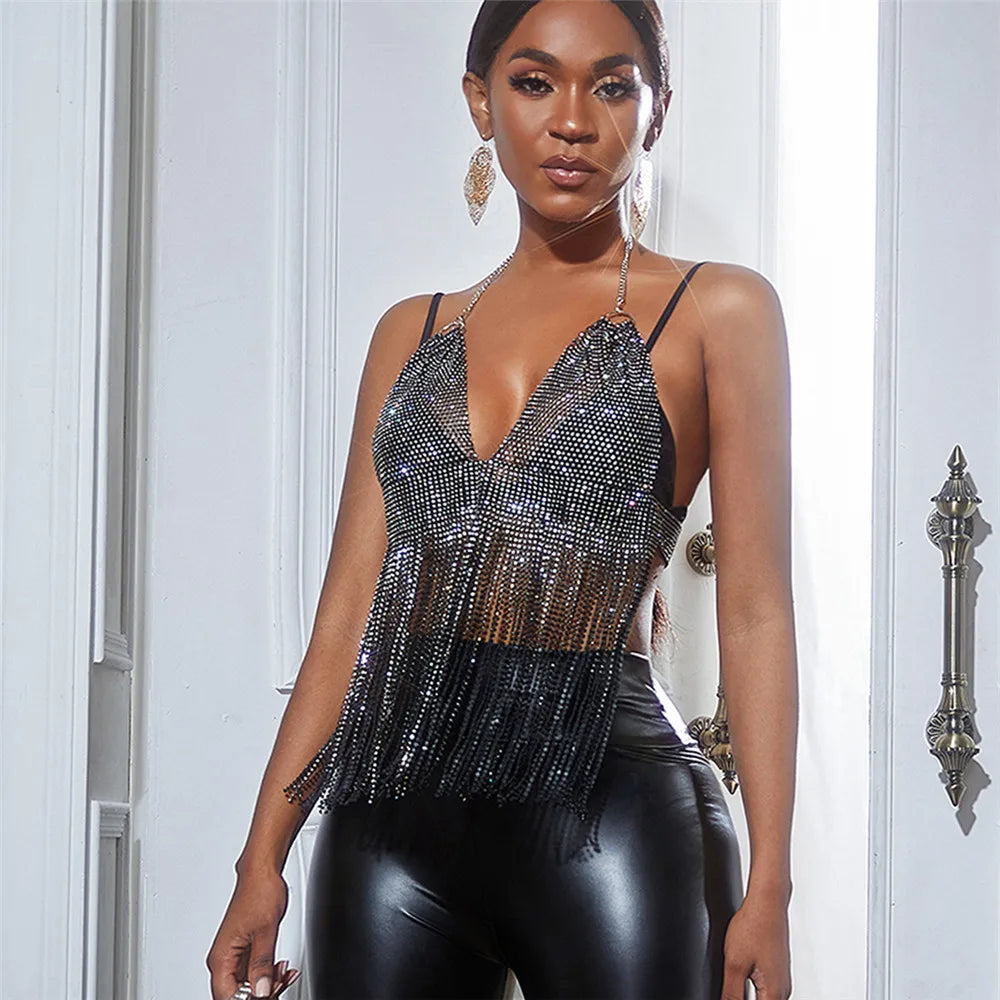 Bling Tassel Rhinestone Crop Top