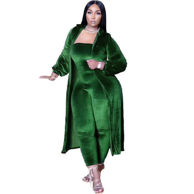 Casual Two Piece Set Velvet Jumpsuit With Long Coat