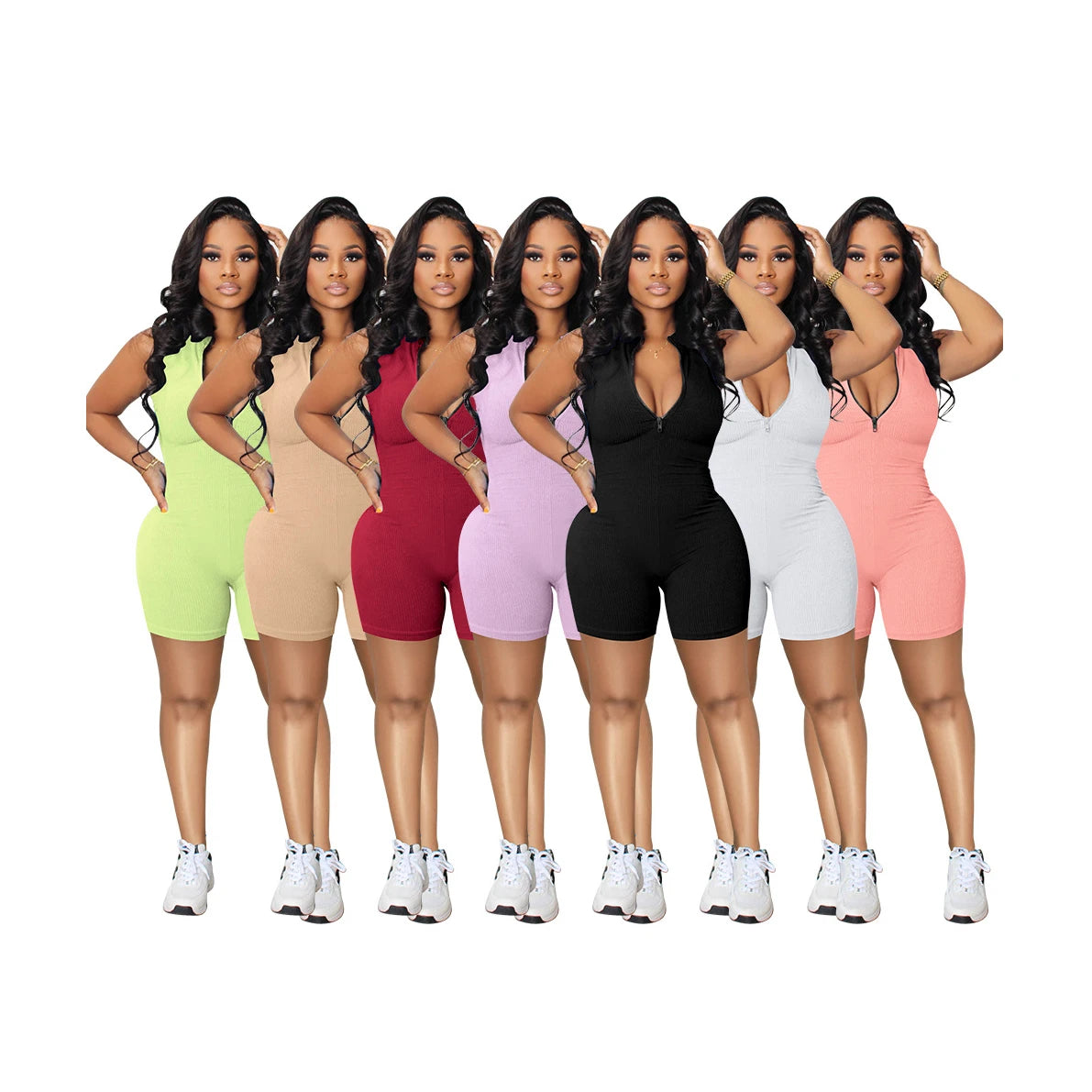 Ribbed Zipper V Neck Rompers