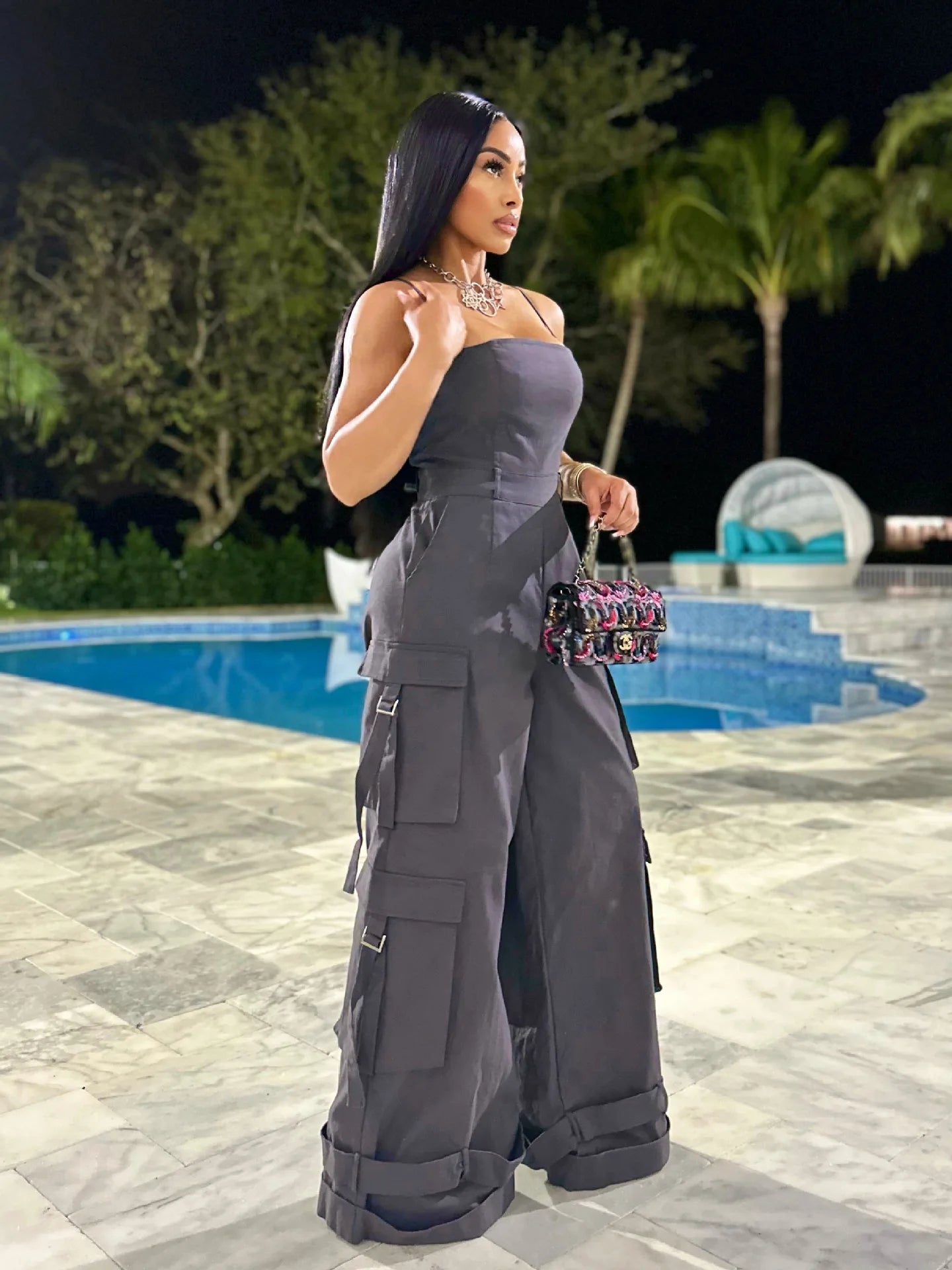 Baggy Wide Leg Multi-Pocket Strap Jumpsuit