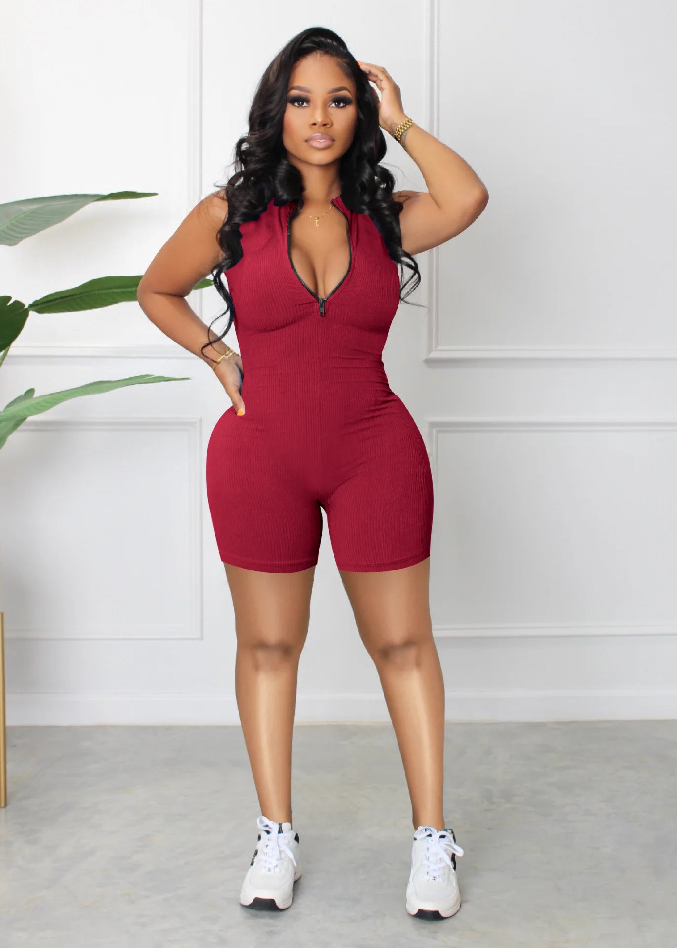 Ribbed Zipper V Neck Rompers