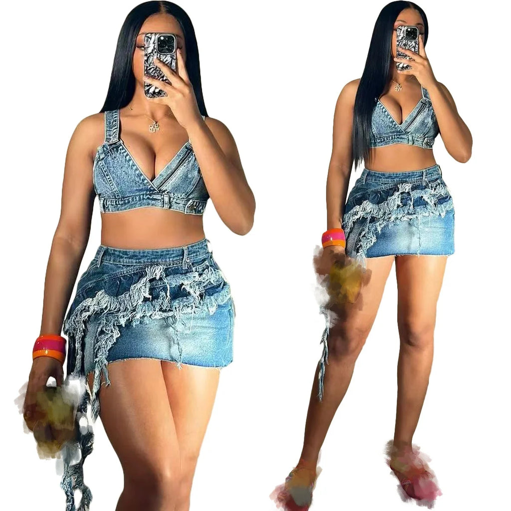 Denim Tank Top and High Waist Skirt