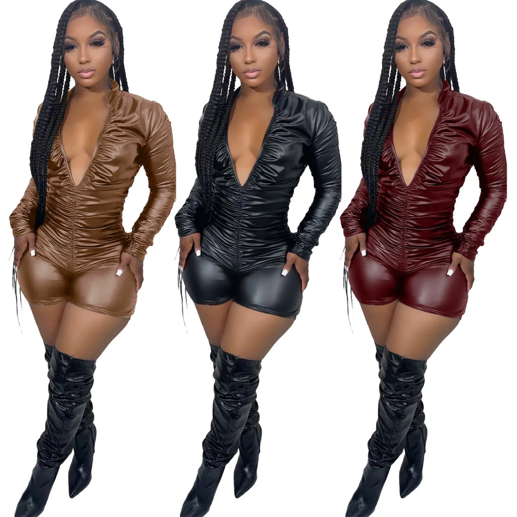 Wrinkled High Elastic Leather Jumpsuit