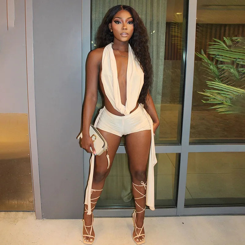 Backless Top Tight Strap Shorts Set