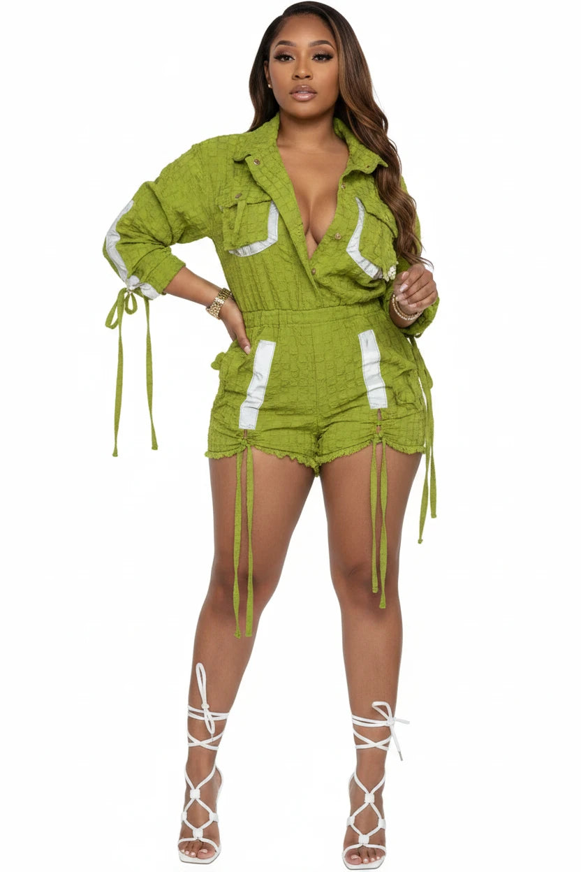 Drawstring Long Sleeve Cargo Jumpsuit
