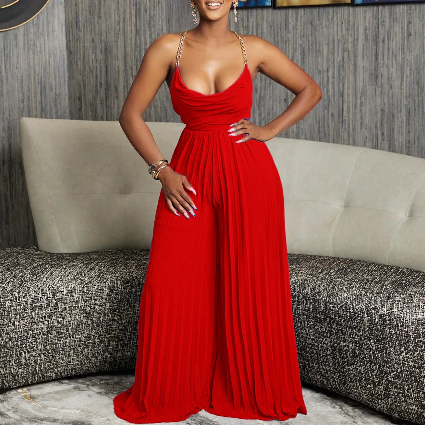 Backless Pleated Wide Leg Jumpsuit
