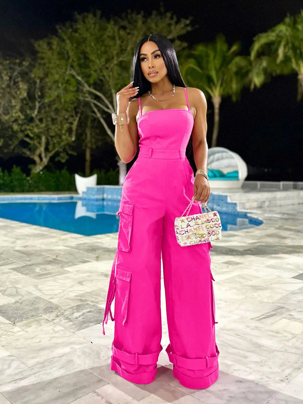 Baggy Wide Leg Multi-Pocket Strap Jumpsuit