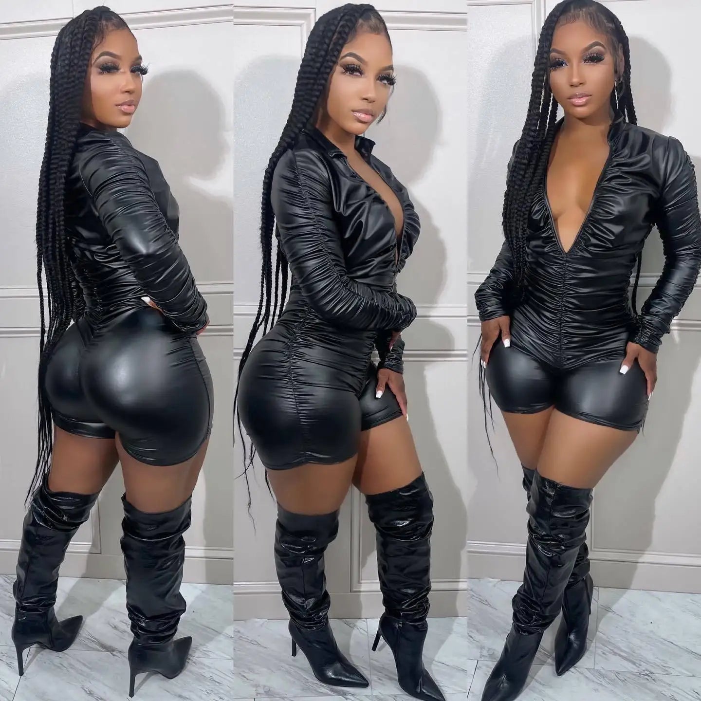 Wrinkled High Elastic Leather Jumpsuit