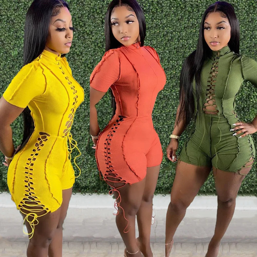 Solid Bandage Short Sleeve Rompers