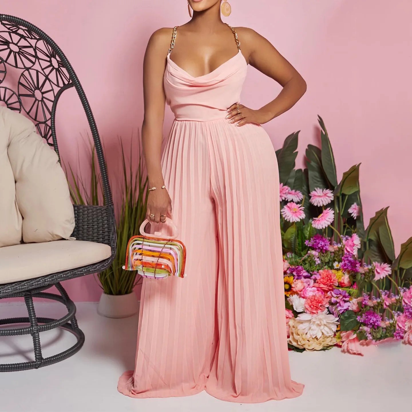 Backless Pleated Wide Leg Jumpsuit