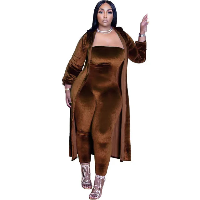 Casual Two Piece Set Velvet Jumpsuit With Long Coat