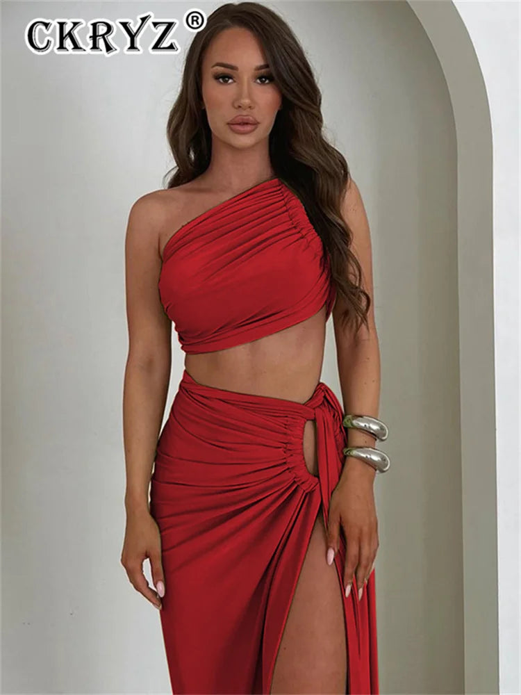 2 Piece Spit Crop Top Side Slit Skirt