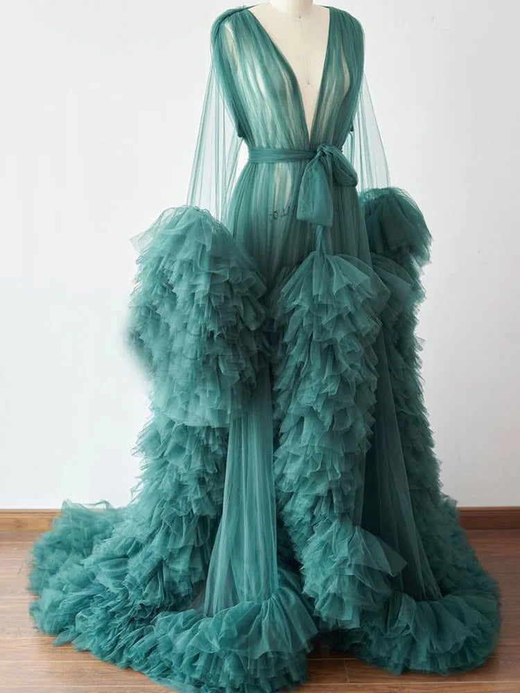 Sheer Long Tulle Robe Puffy Nightgown