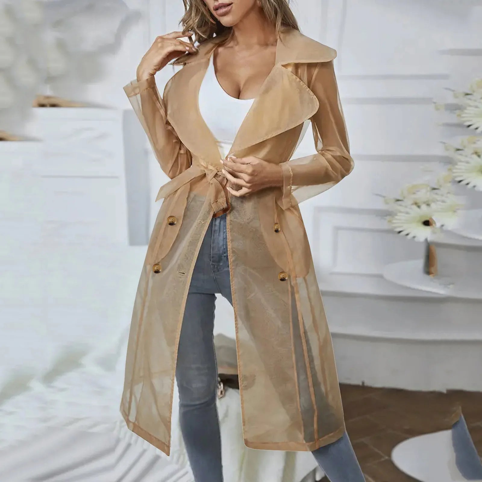 See Though Trench Coat With Belted