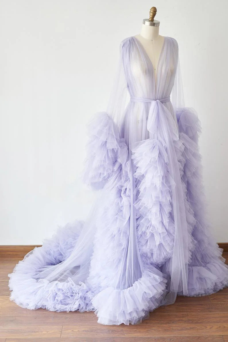 Sheer Long Tulle Robe Puffy Nightgown