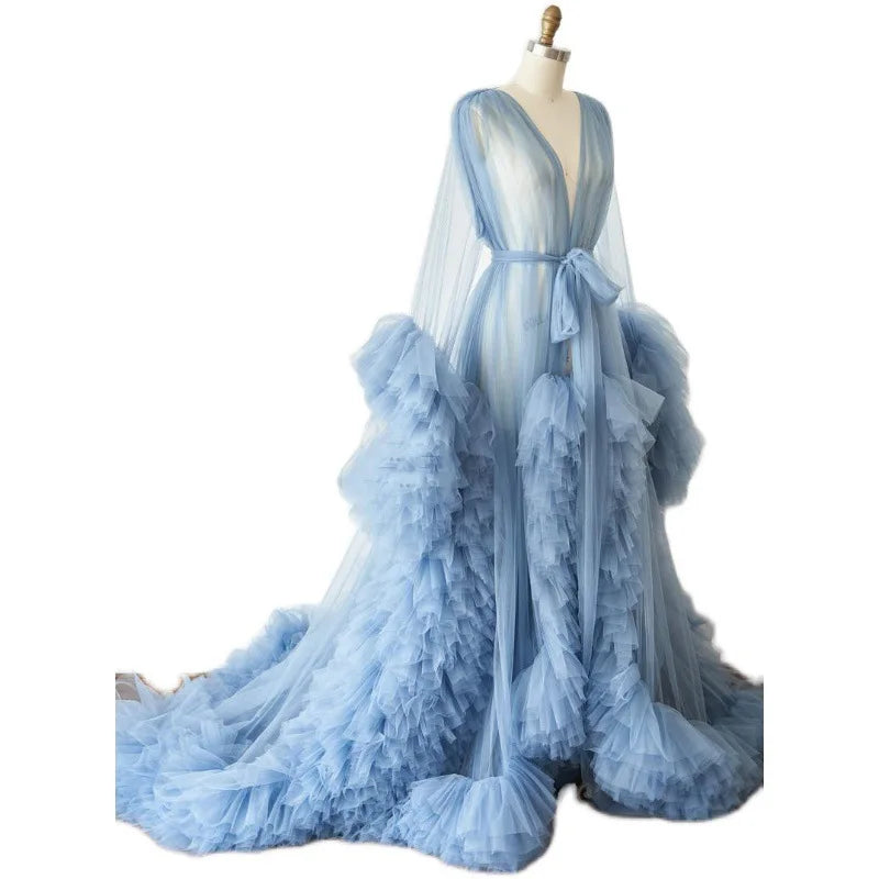 Sheer Long Tulle Robe Puffy Nightgown
