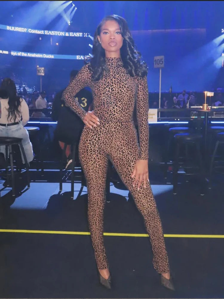 See Through Sexy Leopard Mesh Jumpsuit