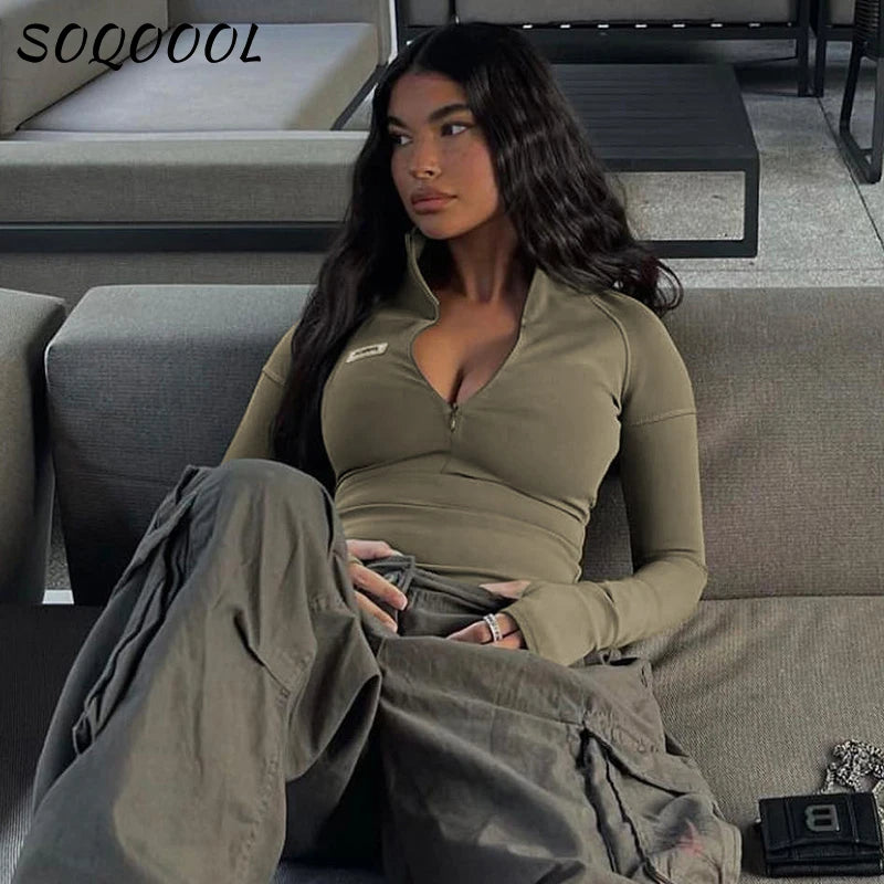 Long Sleeve Zip Crop Tops