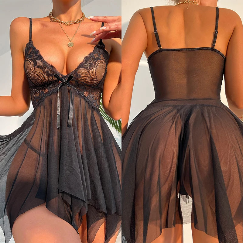 Lace Transparent Short Pajama Thong Set