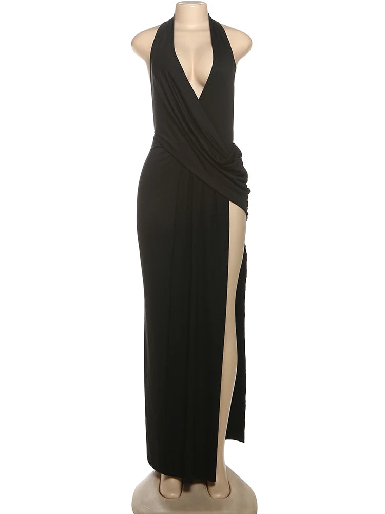 High Split Long Halter Deep V-Neck Dress