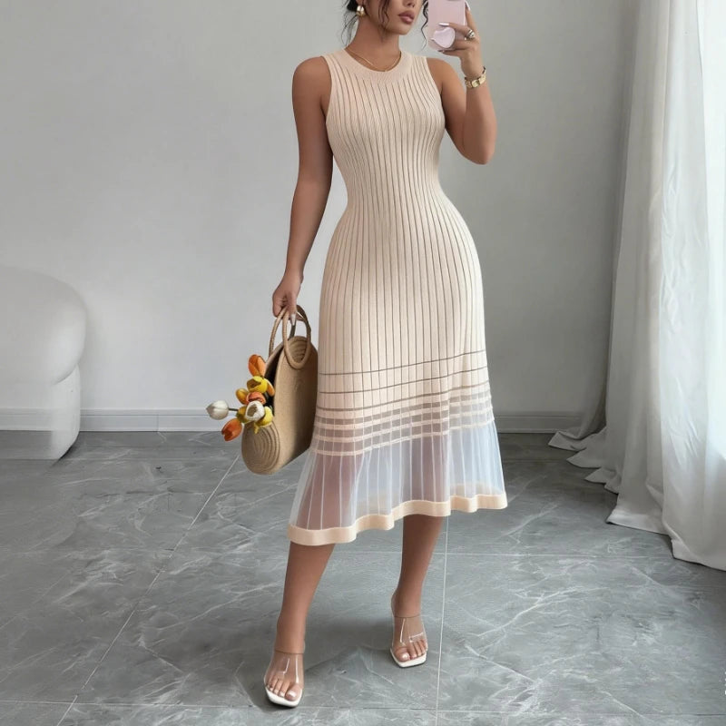 Crew Neck Mesh Elastic Dress