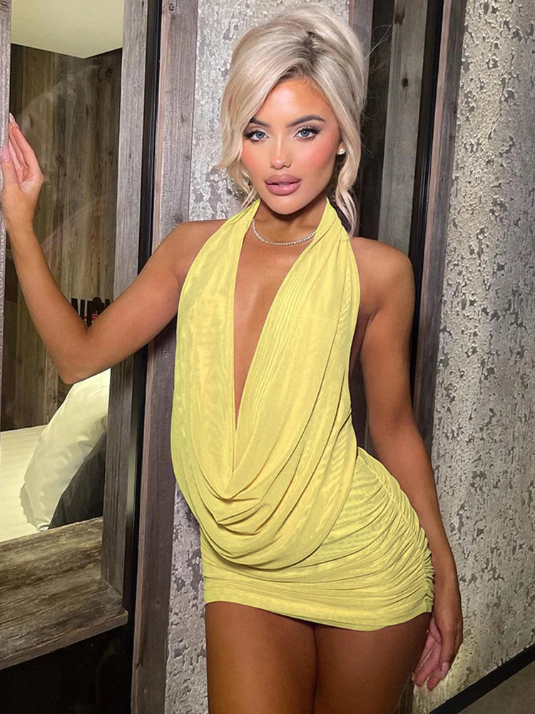 Halter Backless Chic Tops+Shirring Skirt
