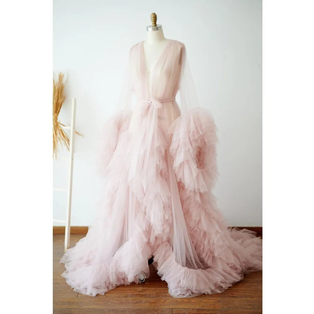 Sheer Long Tulle Robe Puffy Nightgown