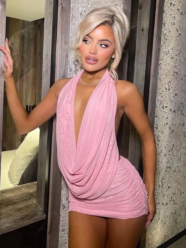 Halter Backless Chic Tops+Shirring Skirt