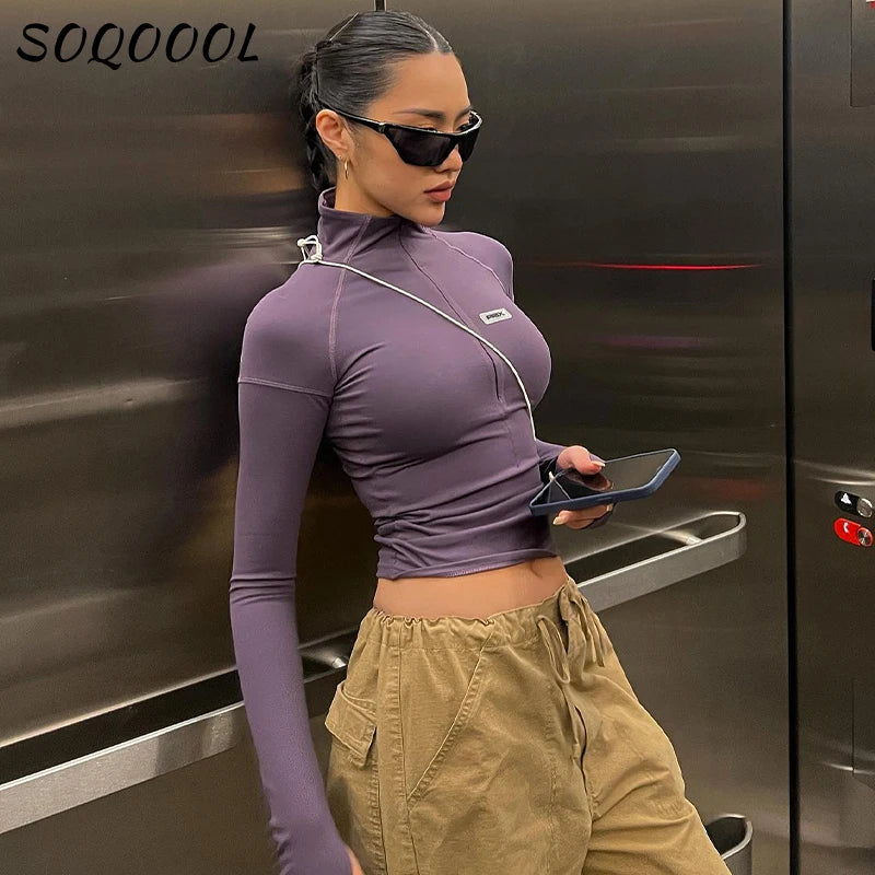 Long Sleeve Zip Crop Tops