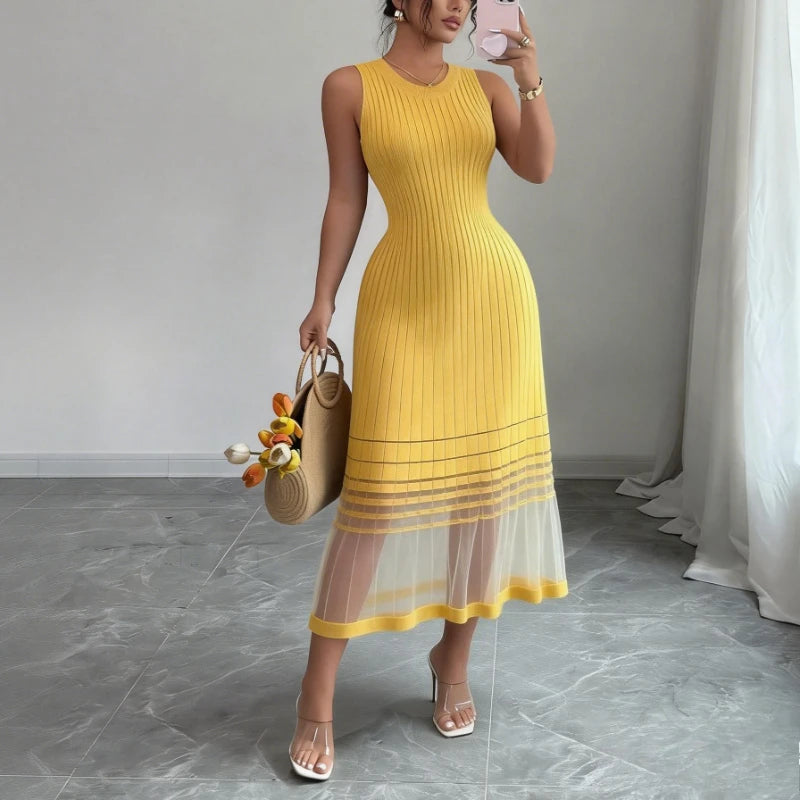 Crew Neck Mesh Elastic Dress