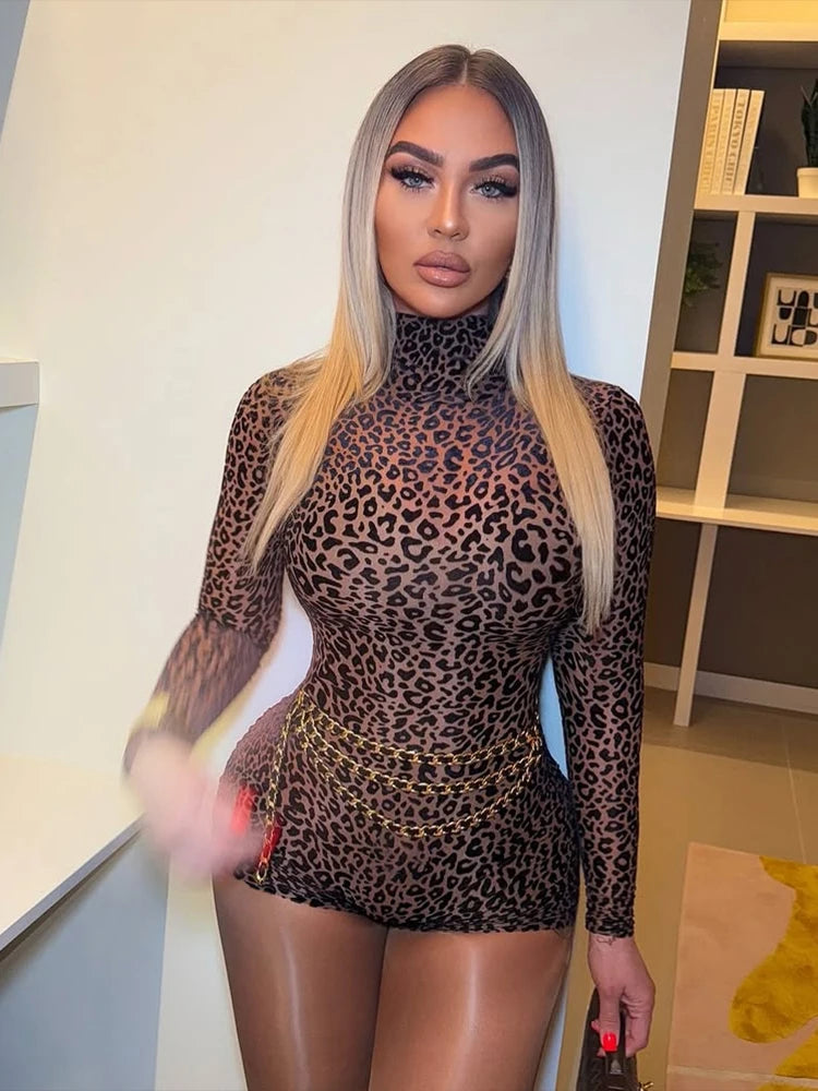 See-Through Leopard Close-Fitting Rompers