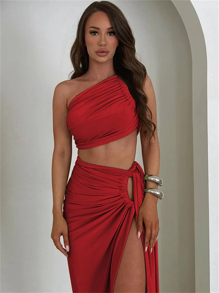 2 Piece Spit Crop Top Side Slit Skirt
